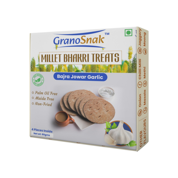 Jowar Bajra (Millet) Bhakri, Palm Oil Free, Preservative Free, Non-Fried, Ready to Eat, Travel Snack (Pack of 4, Fafda Gathiya ( Pack of1), Moong Masala ( Pack of 1), Garlic ( Pack of 1), Jaggery ( Pack of 1)) Brand: GranoSnak - Image 6